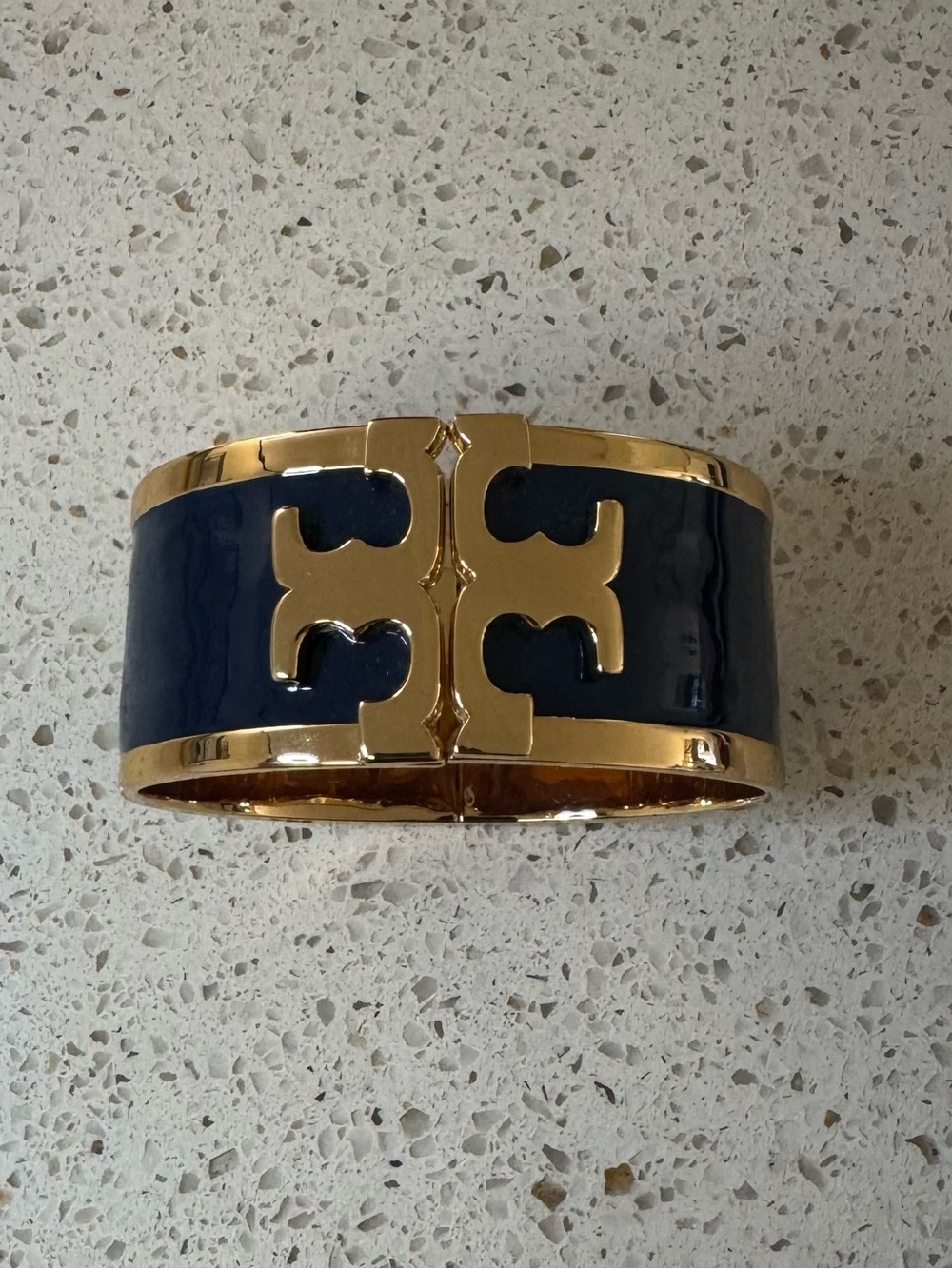 Tory Burch Enamel Raised Logo Wide Cuff Bracelet Navy/Gold - Used